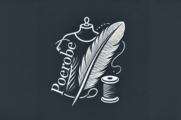 Logo with a feather, mannequin, and spool of thread on a dark background